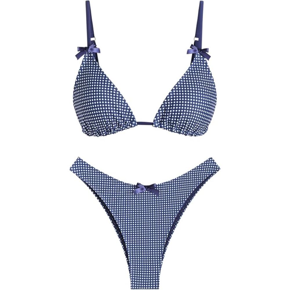 Seamoly Womens Small Gingham Tie Back Two Piece Thong Triangle Bikini Swimsuit